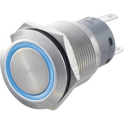 Metalowy przełącznik z niebieskim pierścieniem LED. Cylindryczny design wykonany z szczotkowanego metalu. Odpowiedni do mechanicznych urządzeń sterowniczych.