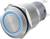 Metalowy przełącznik z niebieskim pierścieniem LED. Cylindryczny design wykonany z szczotkowanego metalu. Odpowiedni do mechanicznych urządzeń sterowniczych.