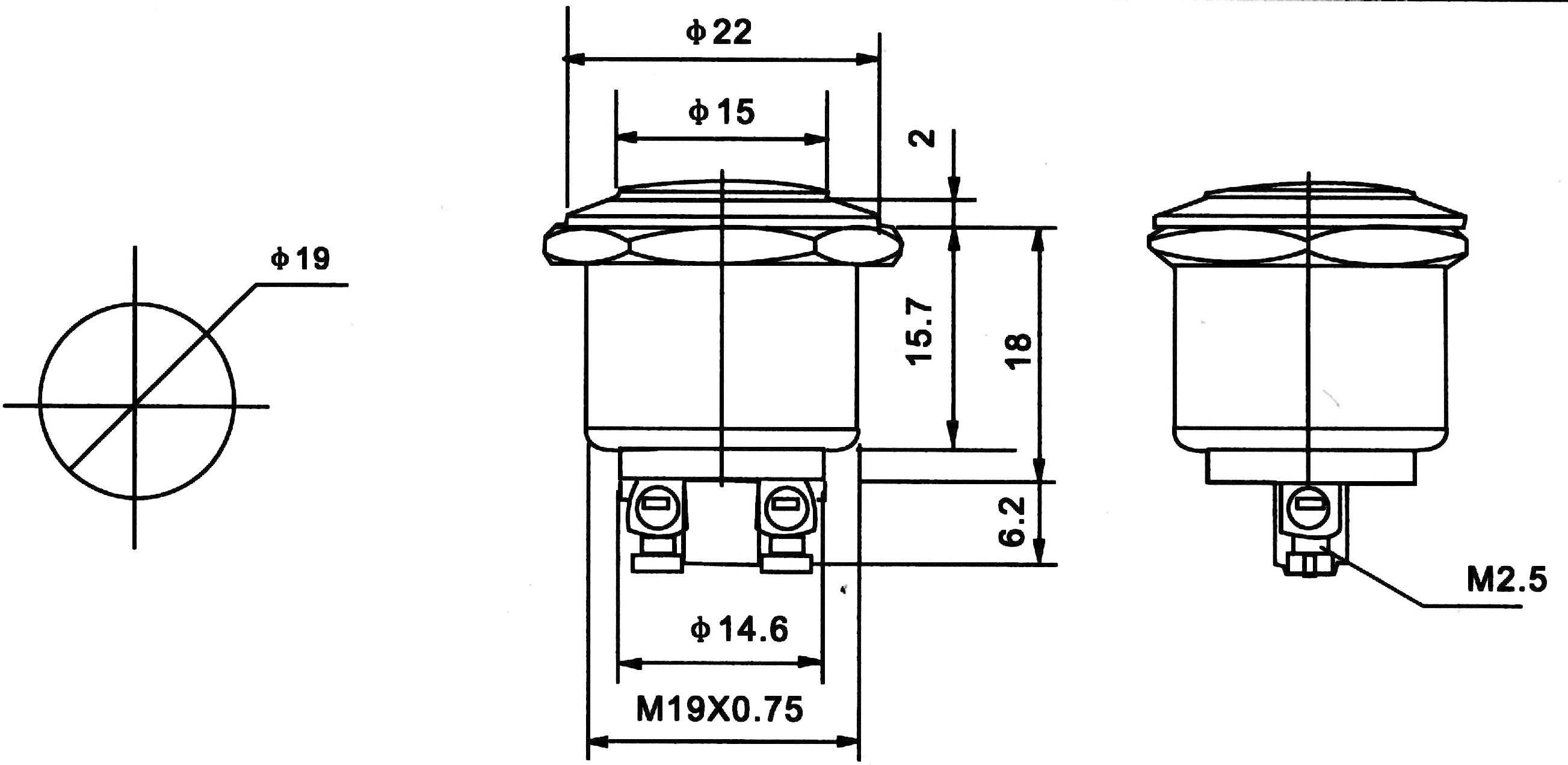 Rysunek techniczny elementu cylindrycznego z wymiarami: średnica 22 mm, wysokość 16,7 mm, gwint M19x0,75, złącze M2,5.