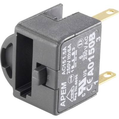 Czarny elektryczny przełącznik z złotymi złączami oraz specyfikacjami technicznymi napisanymi białą czcionką na górnej powierzchni.