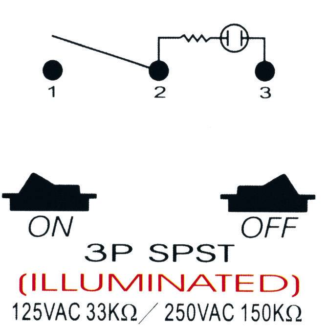 Schemat elektryczny podświetlanego przełącznika. Pozycje 'WŁ.' i 'WYŁ.' są oznaczone. Napięcie: 125VAC 33kΩ / 250VAC 150kΩ.