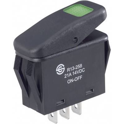 Czarny przełącznik kołyskowy z zielonym przyciskiem. Oznaczony napisem 'R13-258 21A 14VDC ON-OFF'. Używany do sterowania urządzeniami elektrycznymi.
