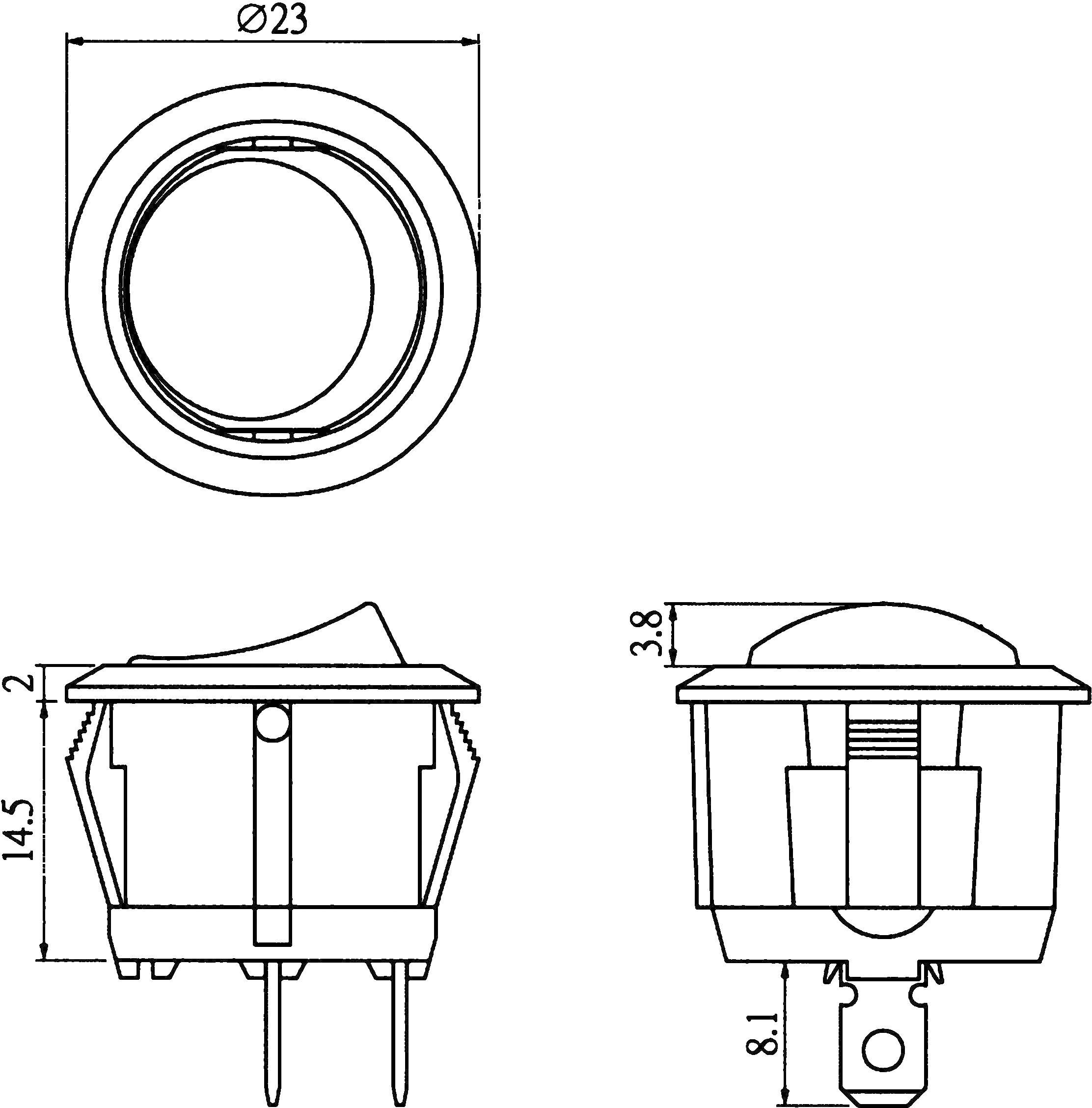 Rysunek techniczny okrągłego przełącznika z wymiarami: średnica 23 mm, wysokość 14,5 mm, szerokość 2 mm, głębokość 3,8 mm oraz podłączeniami.