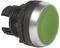 Zielony przycisk naciskowy z czarną obwódką, odpowiedni do przemysłowych zastosowań sterujących.