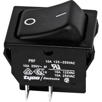 Czarny przełącznik kołyskowy z symbolami Włącz/Wyłącz. Napisy poniżej: '10A 125-250VAC', 'tyco Electronics'. Odpowiedni do urządzeń elektrycznych.