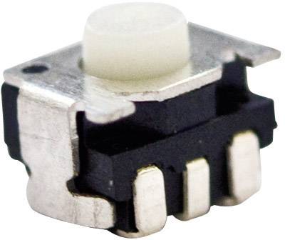 Mały, prostokątny przełącznik mikroprocesorowy wykonany z metalu i tworzywa sztucznego, z białą, okrągłą główką dotykową. Stosowany w urządzeniach elektronicznych.