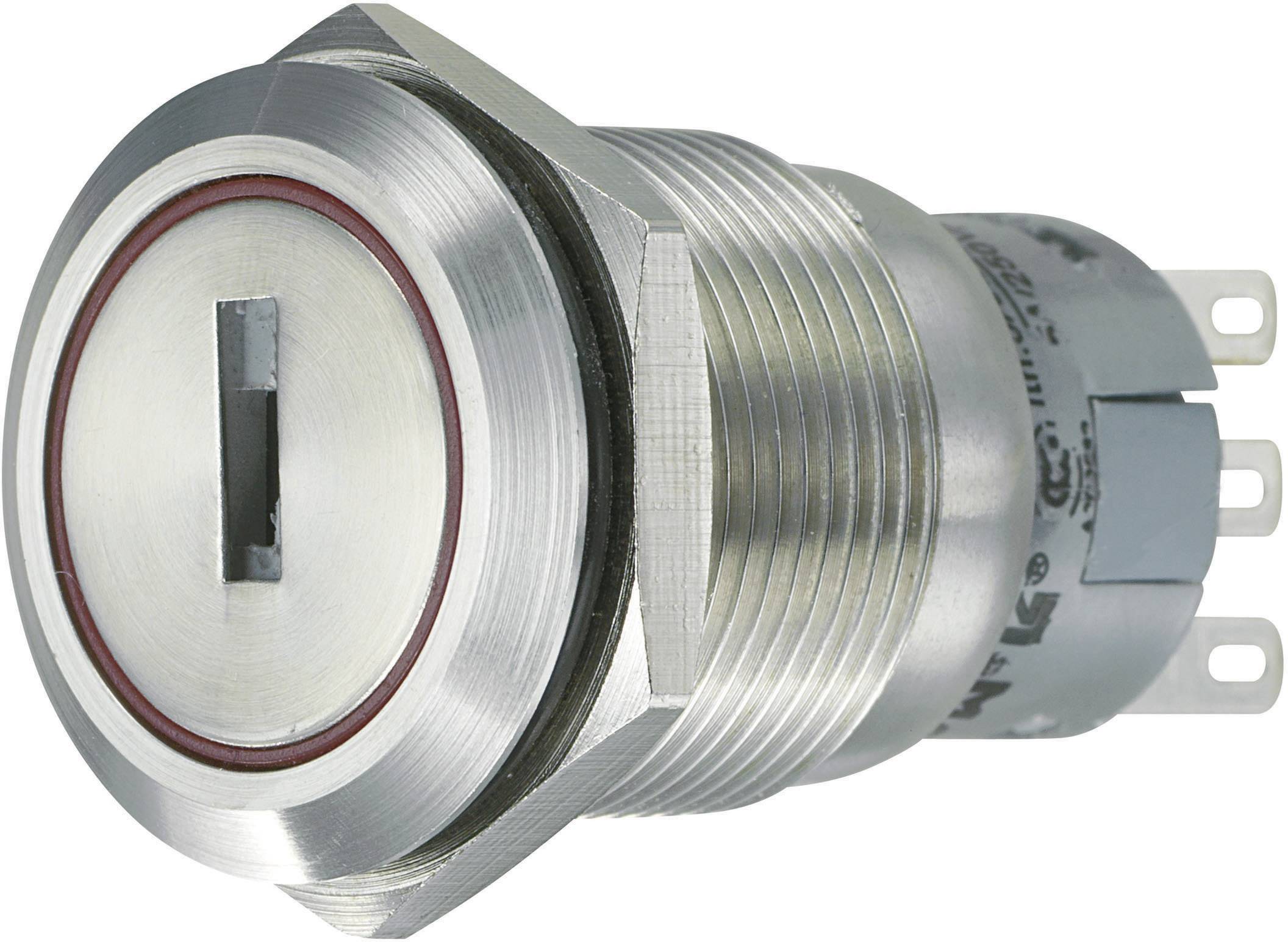 Metalowy przycisk dotykowy z okrągłą główką, czerwonym oznaczeniem i dwoma złączami wtyczkowymi z tyłu, odpowiedni do zastosowań przemysłowych.