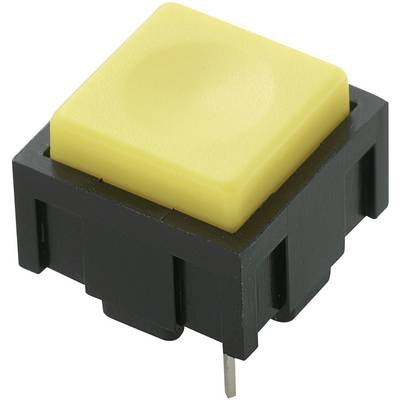 Kwadratowy żółty przycisk na czarnej obudowie, odpowiedni do obwodów elektronicznych.