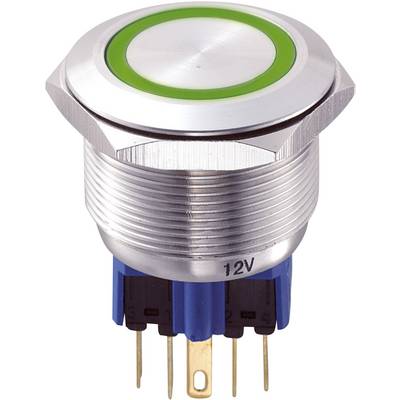 Metalowy przycisk wciskany z zielonym pierścieniem, napis '12V' widoczny na dole. Odpowiedni do zastosowań elektrycznych.