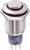 Srebrny przycisk przełączający z okrągłym przyciskiem i obudową gwintowaną, przystosowany do 12V, z dolnym złączem wielostykowym.