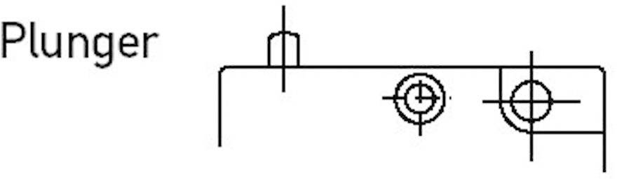 Rysunek tłoka z dwoma elementami o kształcie koła, z których jeden jest przekreślony. W lewym górnym rogu widnieje słowo 'Plunger'.
