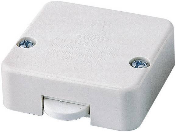 Biała plastikowa puszka kablowa z gwintowanym mocowaniem, oznaczona i odpowiednia do instalacji elektrycznych.