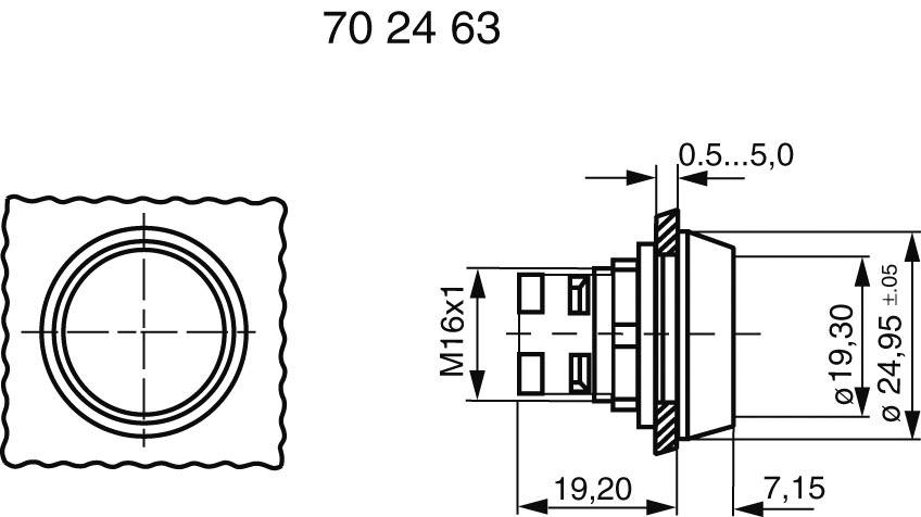 Rysunek techniczny okrągłego przełącznika, przedstawiający wymiary: średnica 19,30 mm, gwint M16x1, głębokość montażu 24,95 mm.