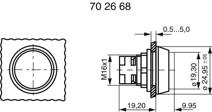 Rysunek techniczny cylindrycznego elementu z gwintem M16x1, wymiarowaniem oraz widokiem przekroju. Wymiary w milimetrach.
