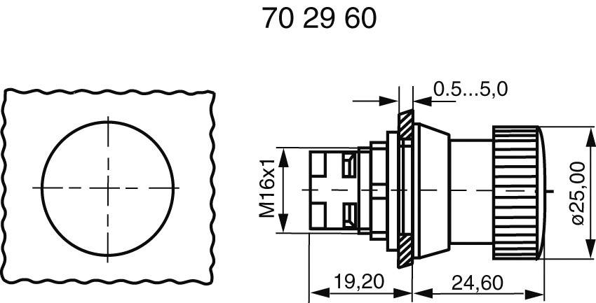 Rysunek techniczny elementu elektrycznego. Przedstawia wymiary i rozmiar gwintu: M16x1, całkowita długość 24,6 mm, średnica 25 mm.