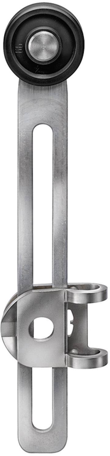 Metalowy standardowy przegubowy ramię, ustawiony pionowo, z okrągłą nasadą u góry i regulowanym mechanizmem zaciskowym u dołu.