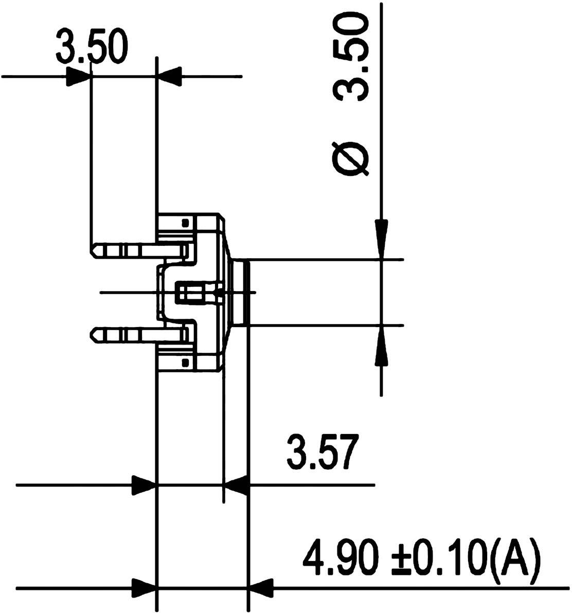 Rysunek techniczny przekroju z wymiarami. Przedstawia wymiary 3,50 i 3,57 mm, z tolerancją 4,90 ± 0,10 mm (A).