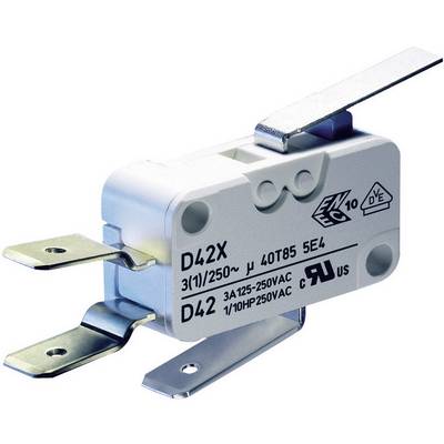 Elektryczny mikroprzełącznik z dźwignią, oznaczony symbolem 'D42X' o konkretnych parametrach technicznych i certyfikatach.
