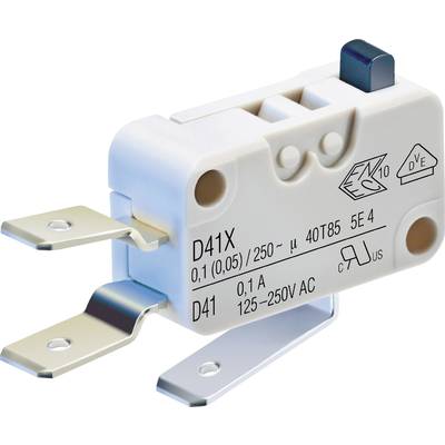 Biały elektryczny mikroprzełącznik z trzema metalowymi zaciskami, model D41X, przeznaczony do napięcia 125–250V AC i pracy w temperaturach do 85°C.