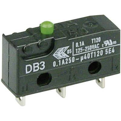 Miniaturowy przełącznik z zielonym przyciskiem, model DB3, do sterowania elektrycznego, oznaczony specyfikacjami i pojemnością prądową.
