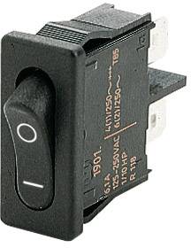 Przełącznik z przełącznikiem kołyskowym, pozycja w 'O', do urządzeń elektrycznych. Czarna obudowa z białymi oznaczeniami.