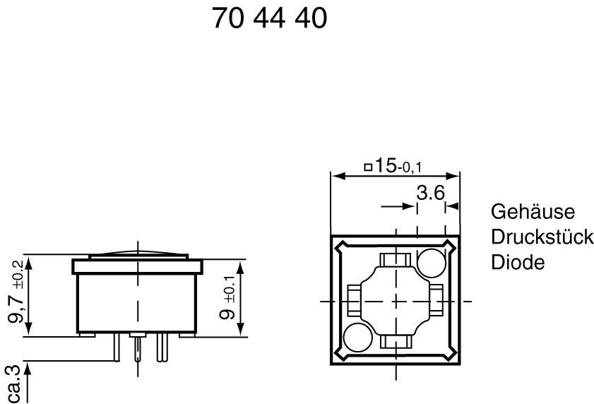 Rysunek techniczny elementu elektronicznego z obudową, elementem dociskowym i diodą. Wymiary: 9,7 mm wysokości, 15 mm szerokości.