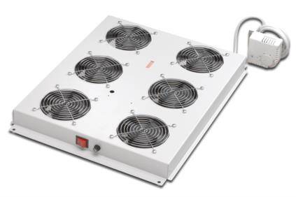 Sześć wentylatorów na prostokątnej metalowej obudowie z podłączeniem zasilania; służy do chłodzenia urządzeń elektronicznych.