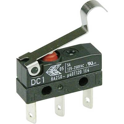 Mikroprzełącznik z dźwignią i trzema stykami, oznaczony jako 'DC1', przystosowany do napięcia 125-250V AC, 5A.