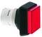 Czerwony, prostokątny przycisk wciskany z czarną obramówką na białym tle, często stosowany jako przełącznik w urządzeniach elektronicznych.