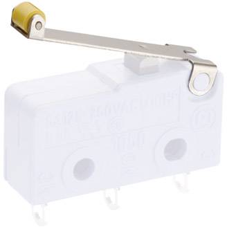 Mikrowyłącznik z dźwignią i końcówką rolkową. Odpowiedni do zastosowań z niskim napięciem i natężeniem prądu.