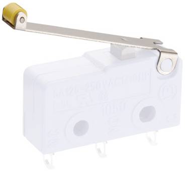 Mikrowyłącznik z dźwignią i końcówką rolkową, typowo stosowany do wykrywania pozycji mechanicznych w maszynach.