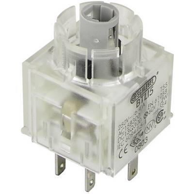 Biały, przezroczysty przełącznik elektryczny z szaro-czarnymi elementami sterującymi, przedstawiający specyfikacje techniczne dla zastosowań elektrycznych