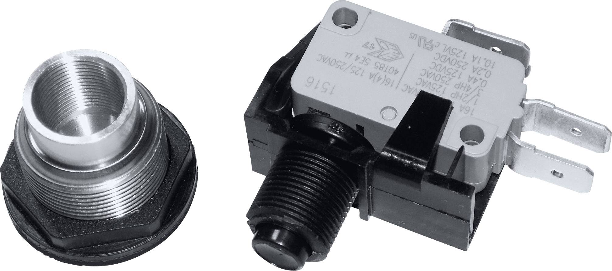 Obraz przedstawia metalowy zaczep mocujący oraz elektryczny przełącznik, które leżą obok siebie na neutralnym tle.