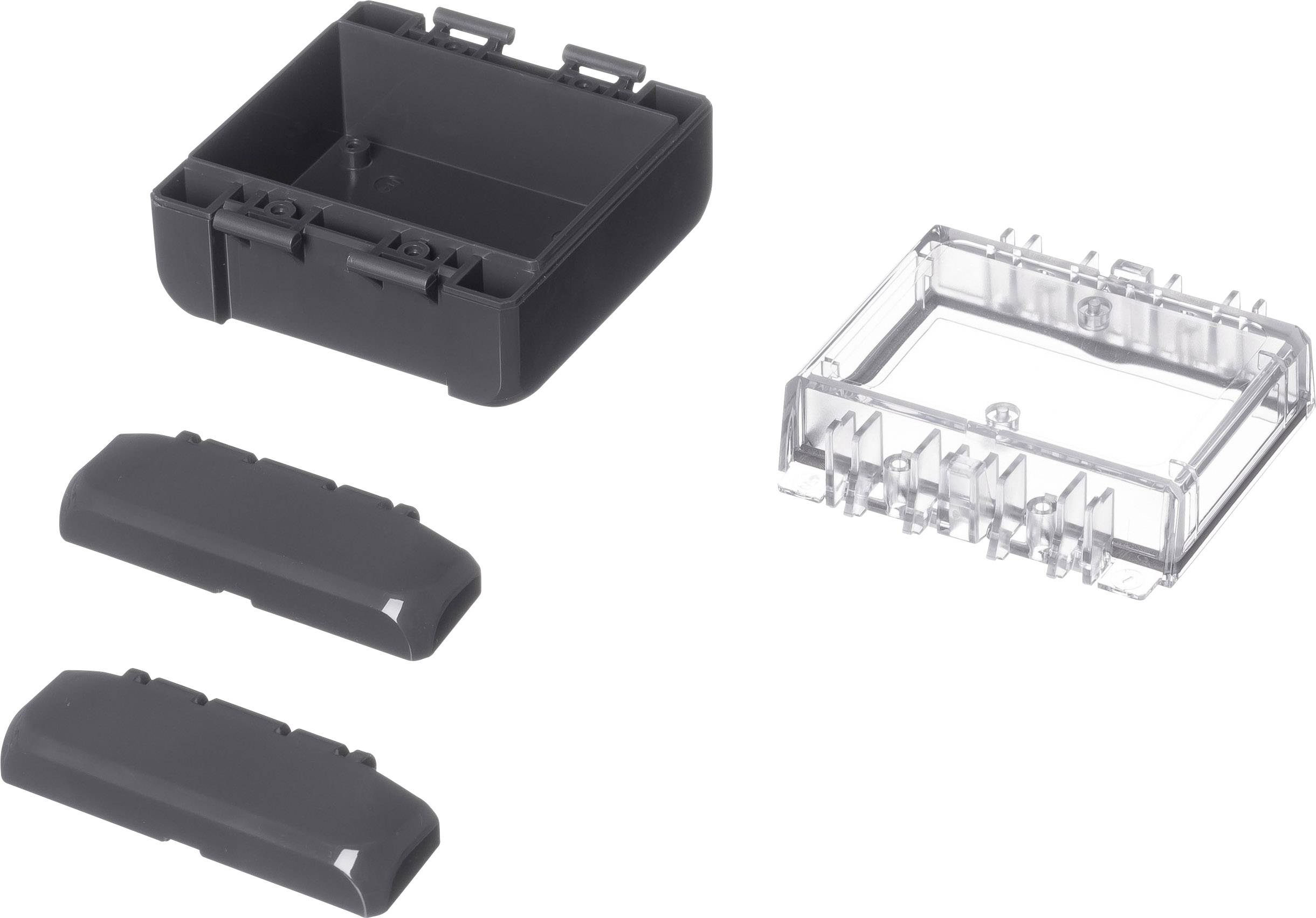 Czarna obudowa i przezroczysta pokrywa do elementów elektronicznych, każda z klipsami mocującymi.