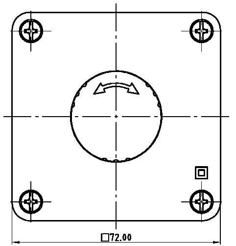 Rysunek techniczny kwadratu kołnierza z czterema otworami na śruby w narożnikach. Centralny okrąg ze strzałkami, wymiary: 72,00.