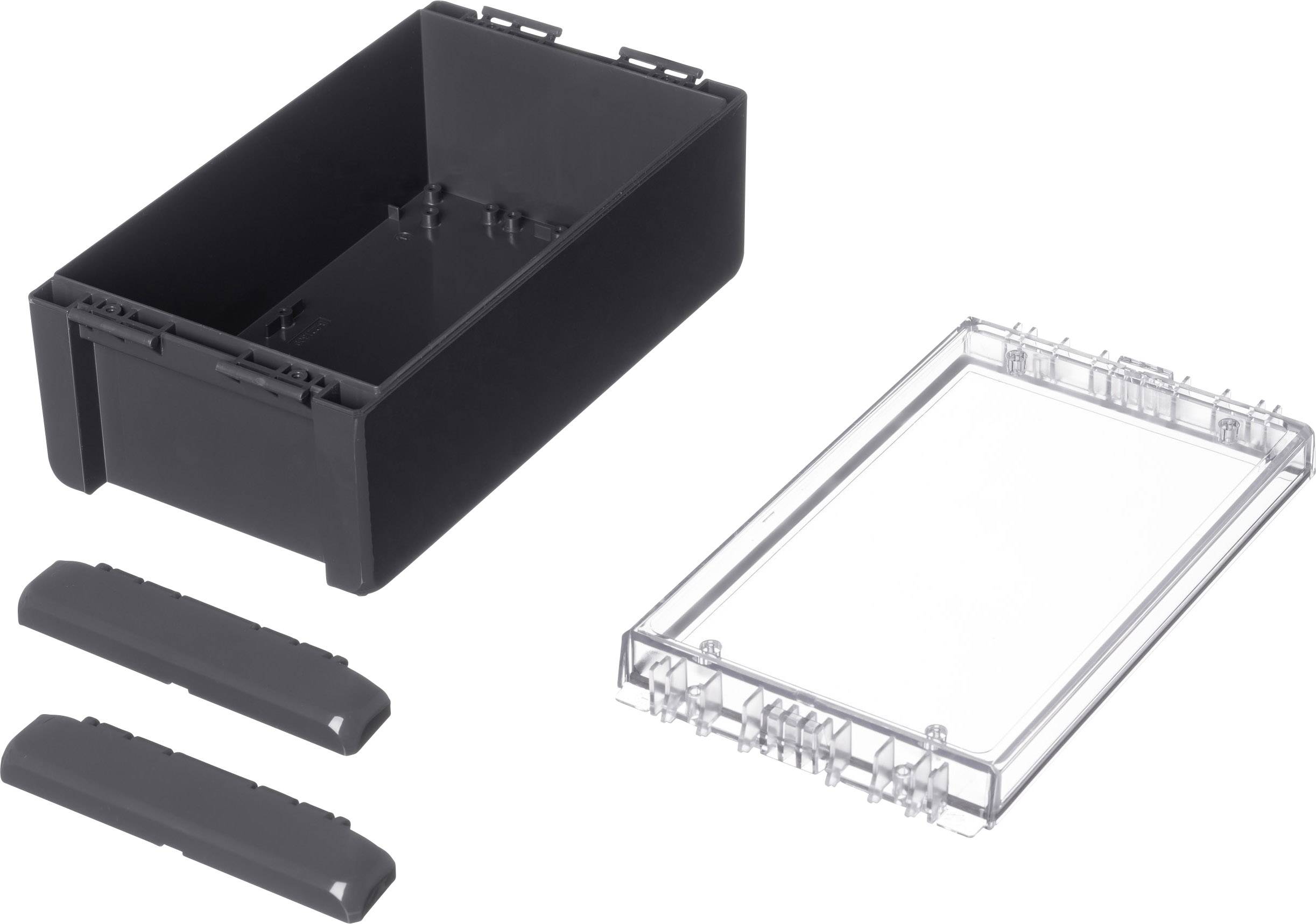 Czarna plastikowa skrzynka z dwoma zdejmowanymi bokami i przezroczystą pokrywą, odpowiednia do elektronicznych urządzeń.