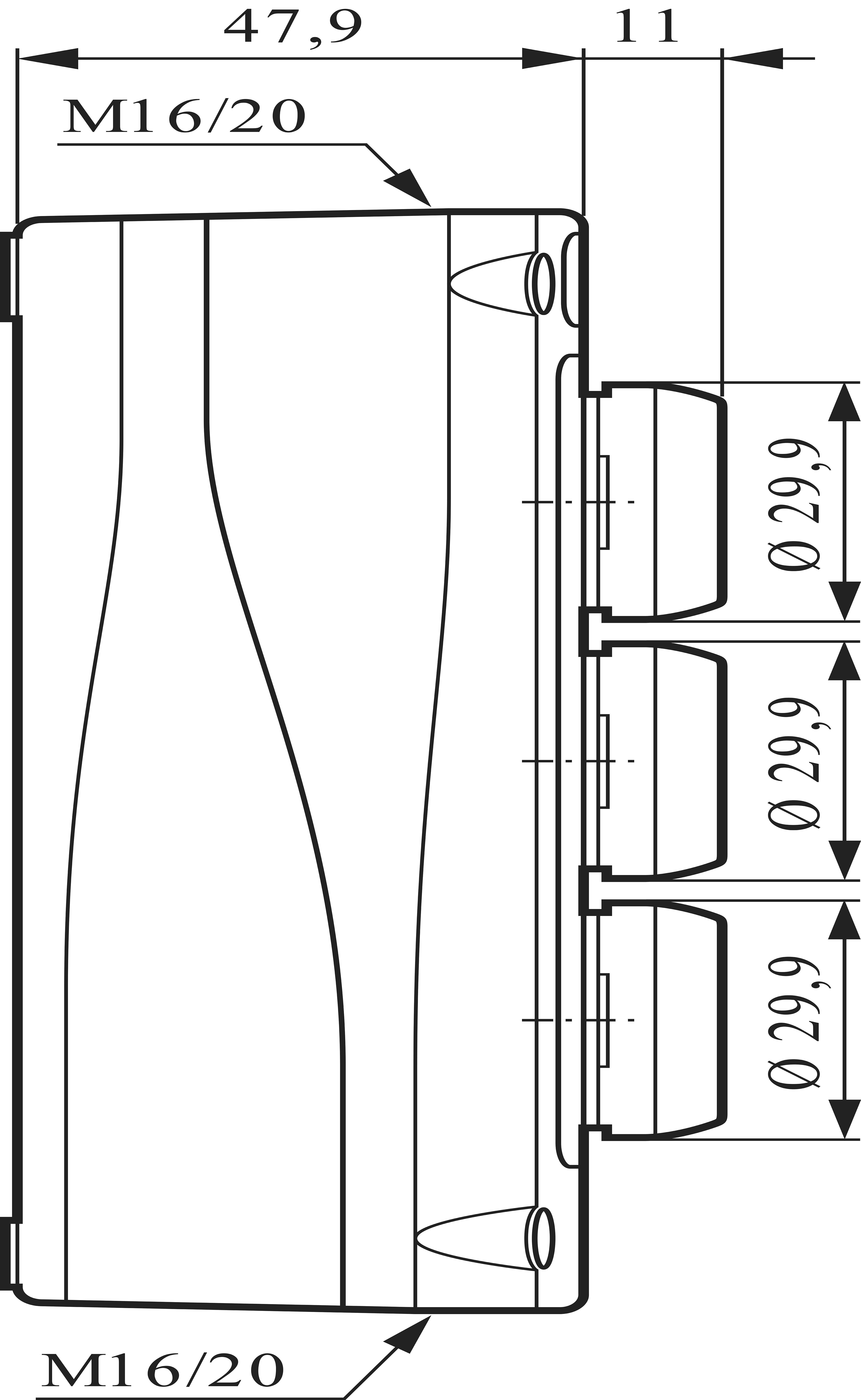 Rysunek techniczny prostokątnego urządzenia z trzema bocznymi przyłączami okrągłymi. Wymiary: M16/20, 47,9 x 11, średnica 29,9 mm.