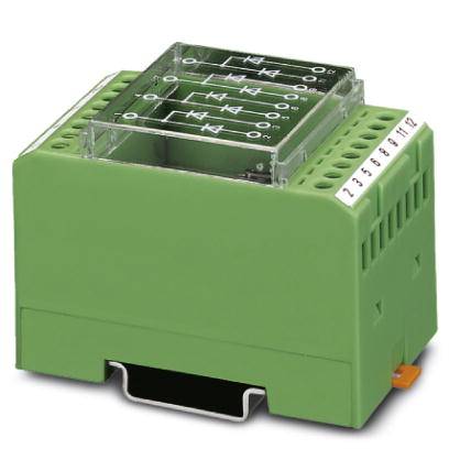 Zielony elektryczny moduł przekaźnikowy z wieloma zaciskami i przezroczystą osłoną ochronną, przeznaczony do instalacji w szafach sterowniczych.