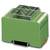 Zielony elektryczny moduł przekaźnikowy z wieloma zaciskami i przezroczystą osłoną ochronną, przeznaczony do instalacji w szafach sterowniczych.