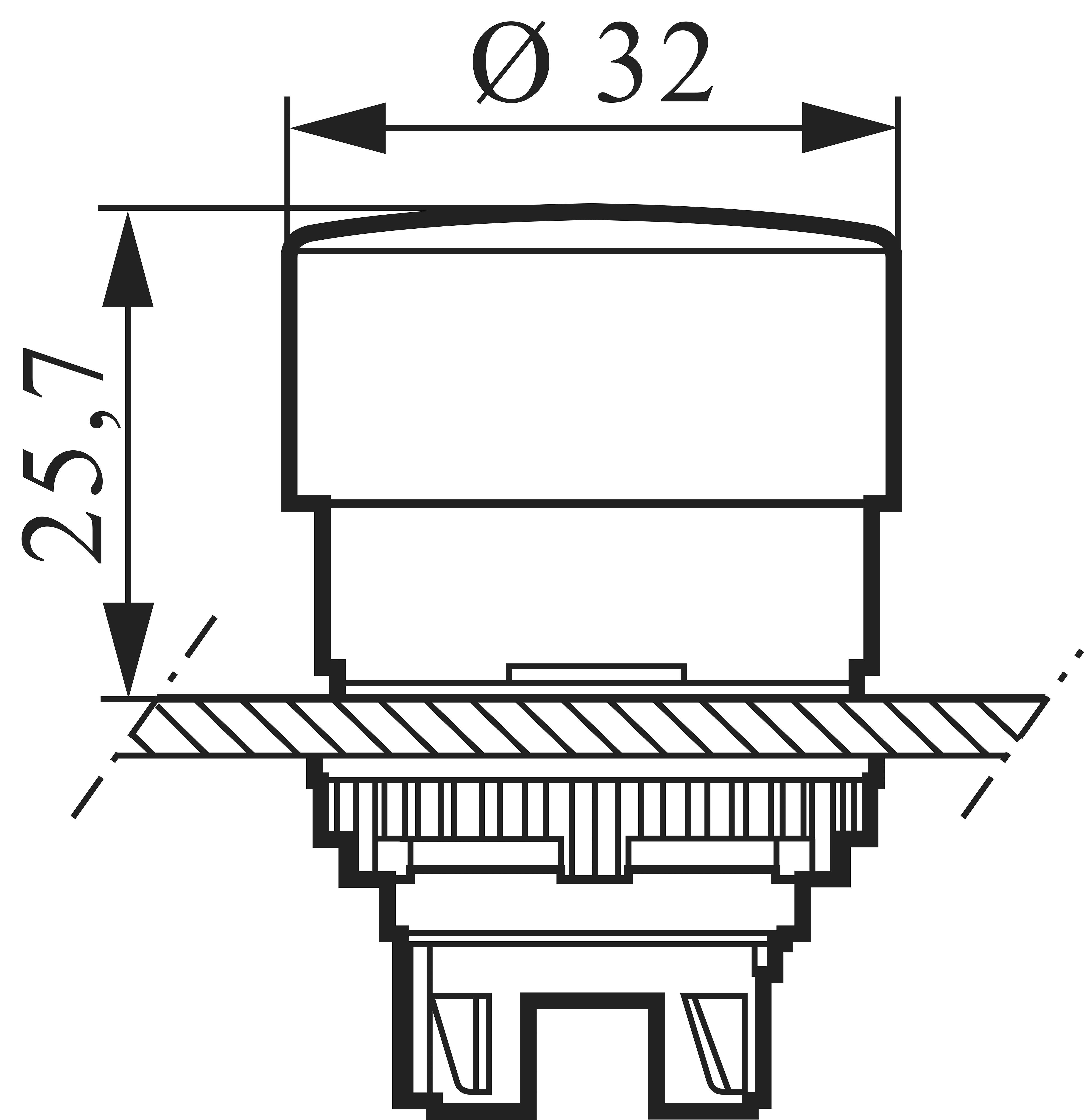 Rysunek techniczny okrągłego guzika o średnicy 32 mm i wysokości 25,7 mm.