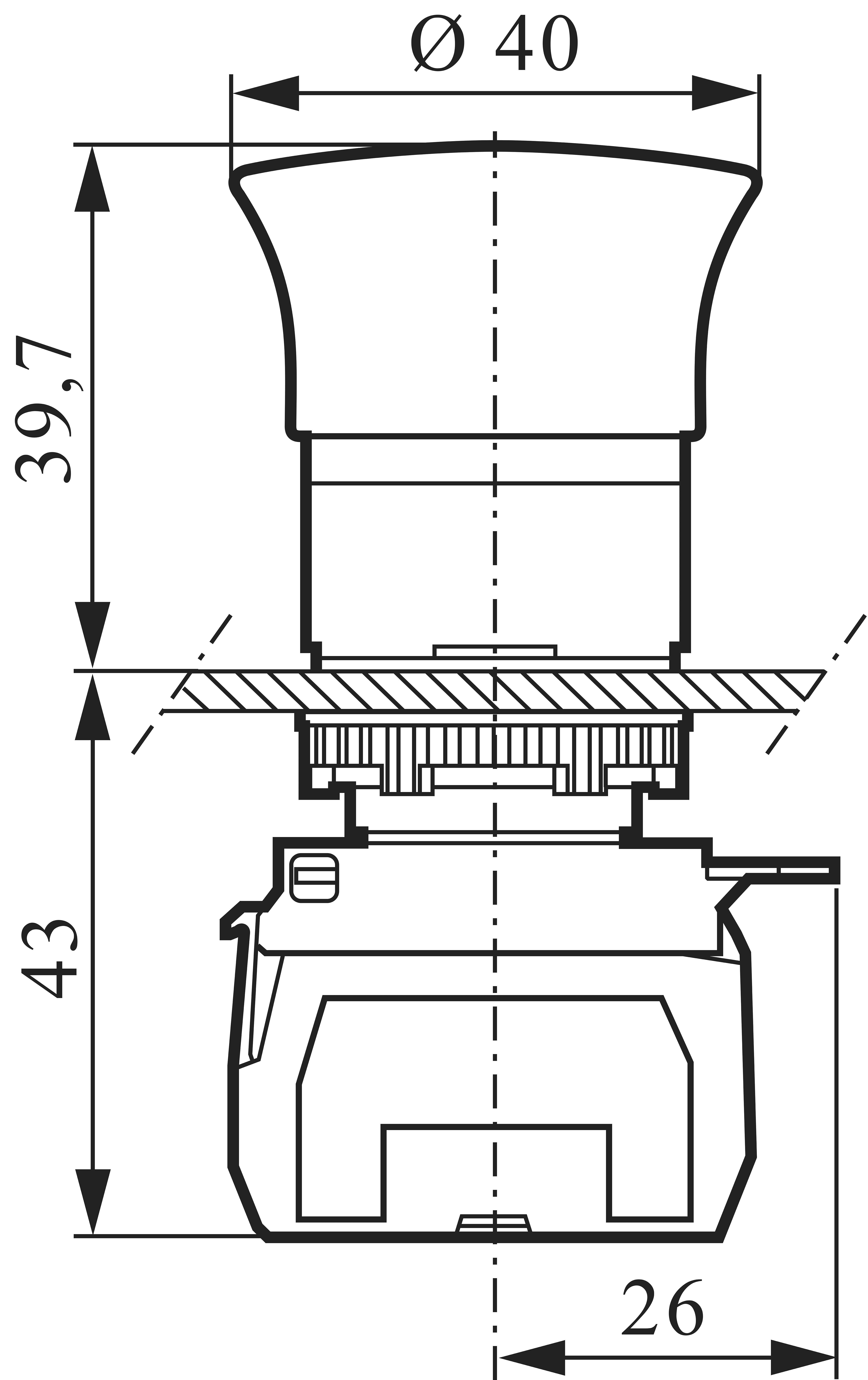 Diagram przycisku z wymiarami: średnica 40 mm, wysokość nad powierzchnią 39,7 mm, wysokość całkowita 43 mm, szerokość 26 mm.