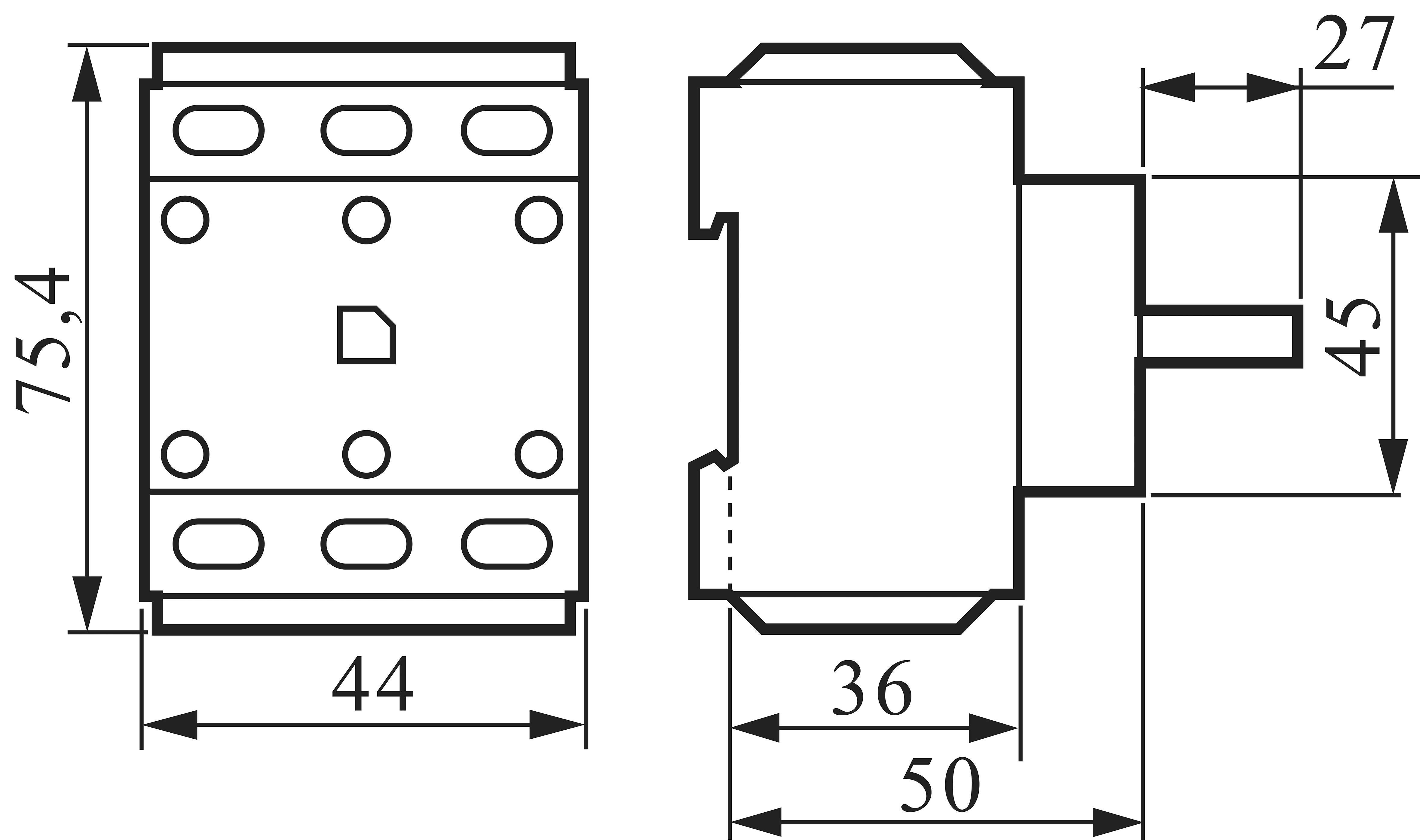 Rysunek techniczny elementu z wymiarami: wysokość całkowita 75,4 mm, szerokość 44 mm, głębokość 36 mm. Oś o długości 27 mm.