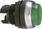 Zielony przycisk sterowniczy z okrągłą, świecącą głowicą i czarnym mocowaniem. Stosowany w sterownikach do aktywacji różnych funkcji.
