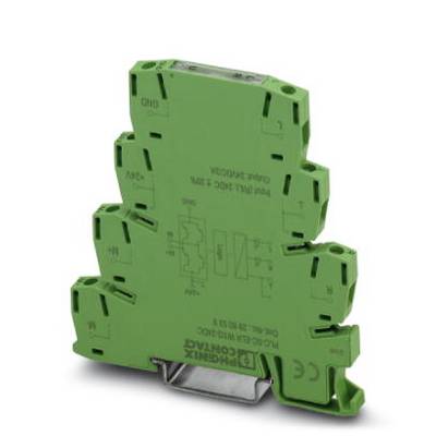 Zielony moduł elektryczny firmy Phoenix Contact z wieloma złączami, przeznaczony do montażu na szynie DIN w rozdzielniach elektrycznych.