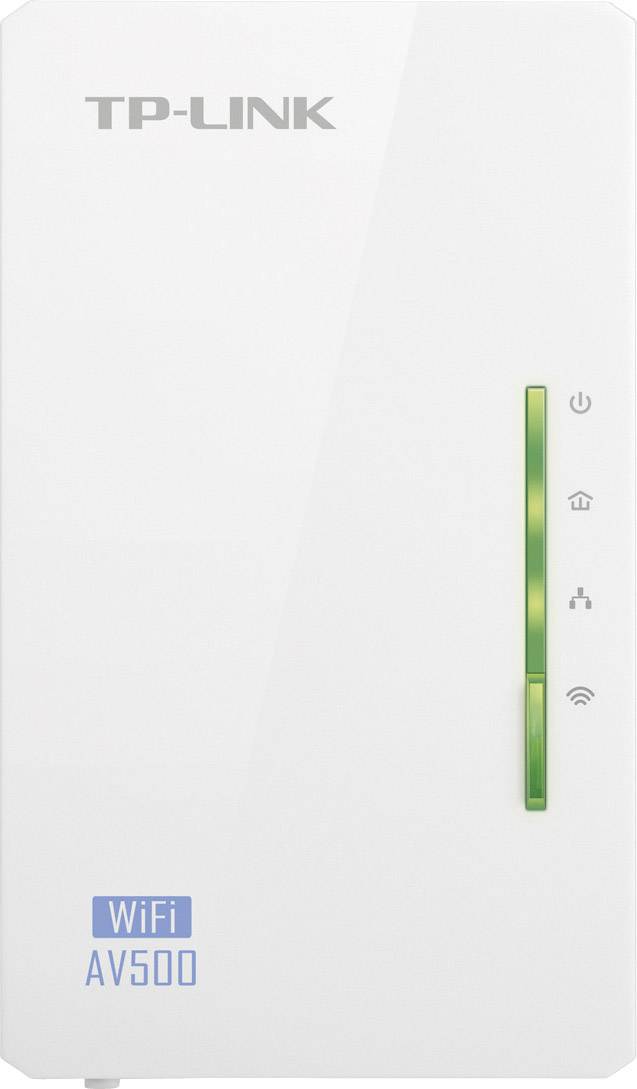 Adapter TP-Link AV500 Powerline z symbolami Wi-Fi i diodami LED na przedniej stronie, sygnalizujący połączenie i aktywność sieciową.