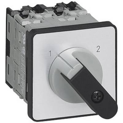 Srebrny przełącznik obrotowy z dwoma pozycjami, '1' i '2', zamontowany na szarej metalowej płycie, przeznaczony do sterowania elektrycznego.