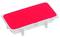 Prostokątne, płaskie czerwone pudełko z białą obwódką i podporami od spodu. Wydaje się, że można je układać w stos.