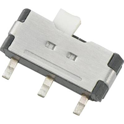Metalowy mikroswitch z trzema przyłączami i białym przełącznikiem suwakowym, typowy dla urządzeń elektronicznych i obwodów elektrycznych.