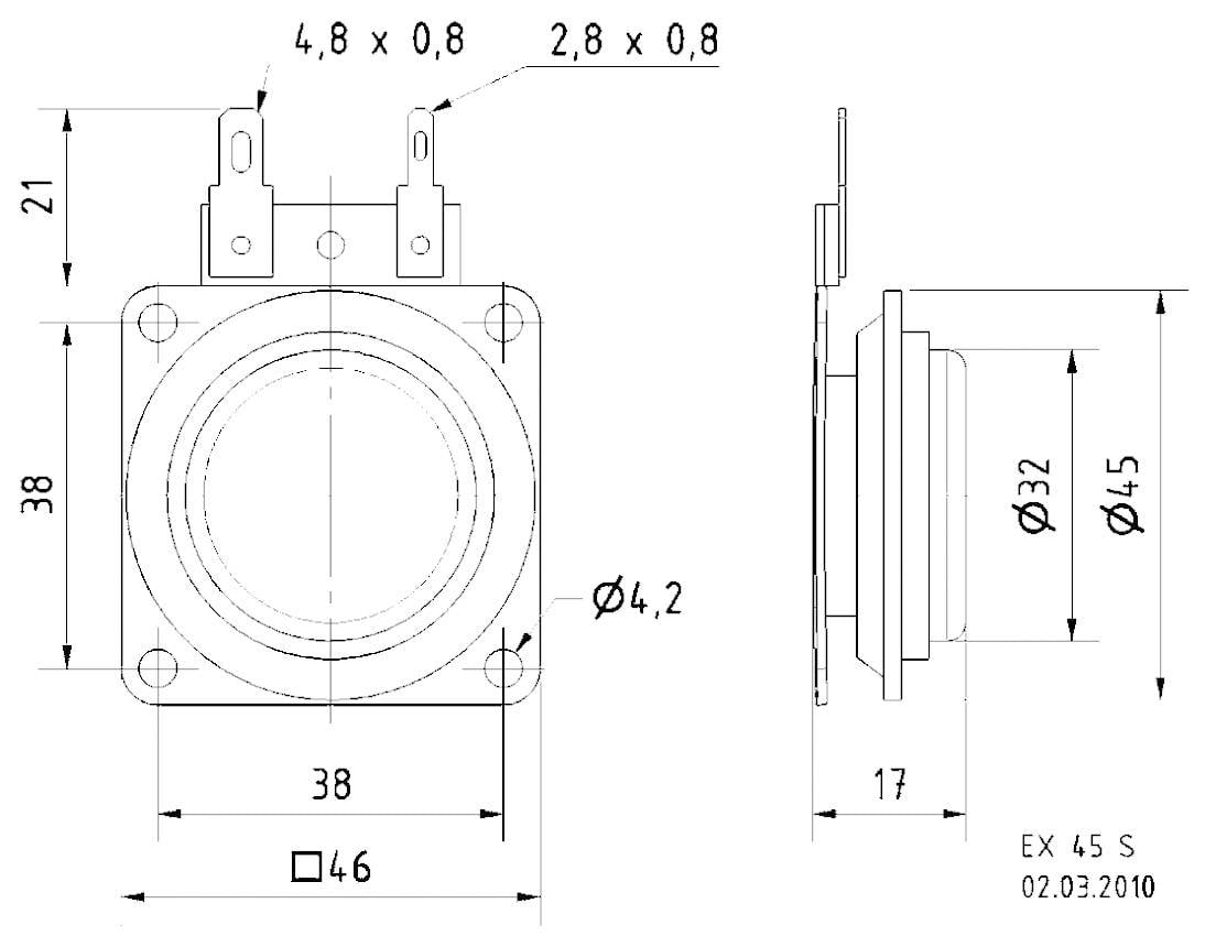 Rysunek techniczny wtyczki z wymiarami: szerokość 46 mm, wysokość 38 mm, głębokość 17 mm. Podane różne średnice otworów.