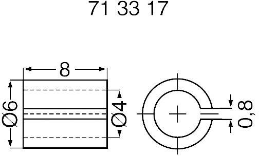 Rysunek techniczny cylindra o następujących parametrach: długość 8, średnica zewnętrzna 6, średnica wewnętrzna 4, szerokość rowka 0,8.
